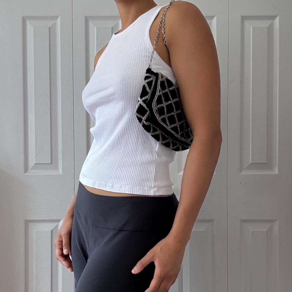 Velvet and Beaded Blacked Bag with Silver Chain